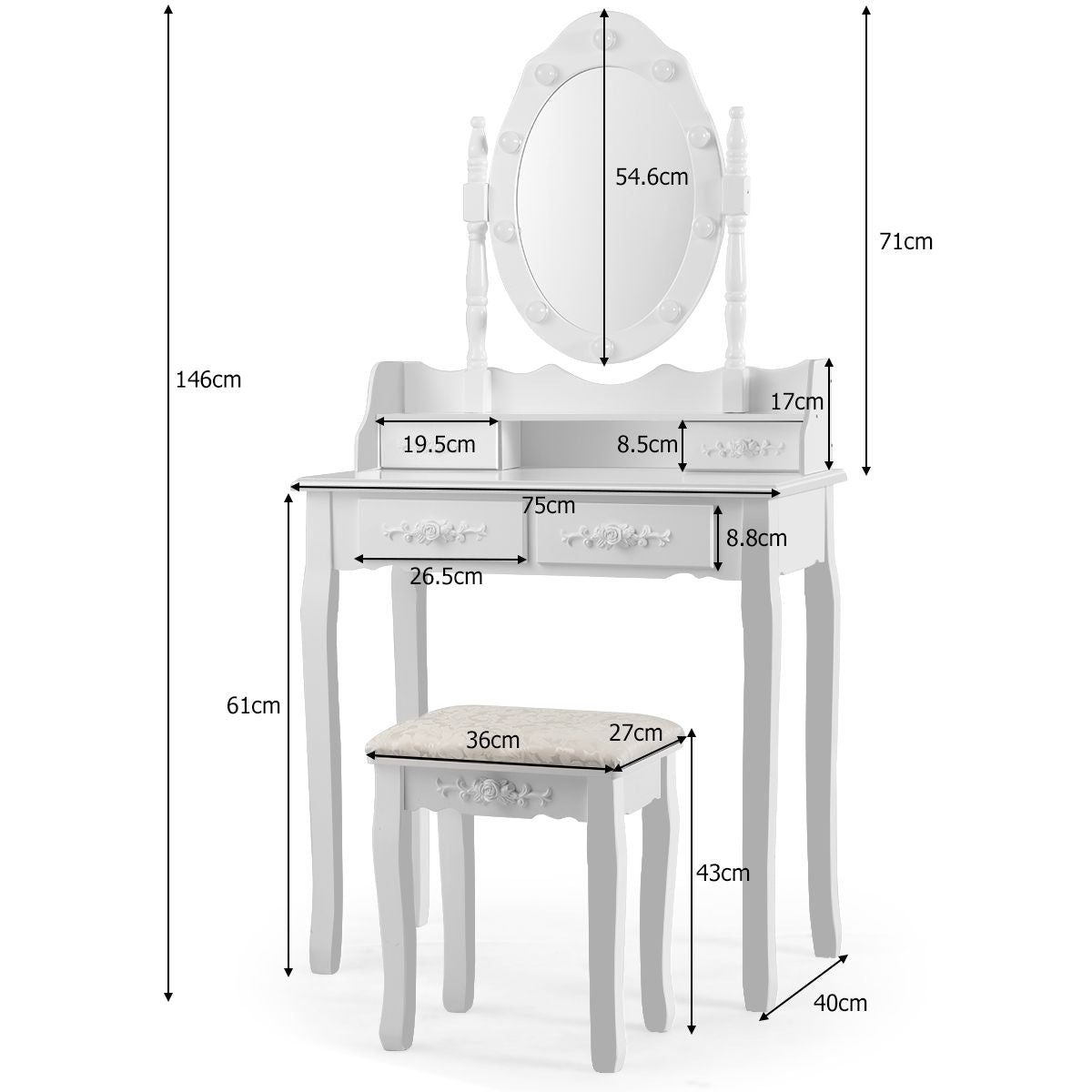 Set Tocador Con Espejo Ovalado Y 10 Bombillas LED Patas De Madera De Pino Y Almohadillas Antideslizantes Blanco 75 X 40 X 146 Cm